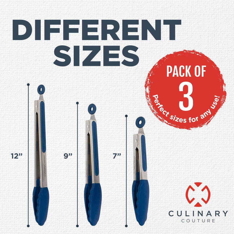 Culinary Couture Silicone Kitchen Tongs with Silicone Tips  Set of 3 Heat Resistant Tongs for Serving Food  7-Inch  9-Inch  12-Inch Locking Silicone Tongs for Cooking Tongs  Salad Tongs  Blue Kitchen Utensils - Image 2